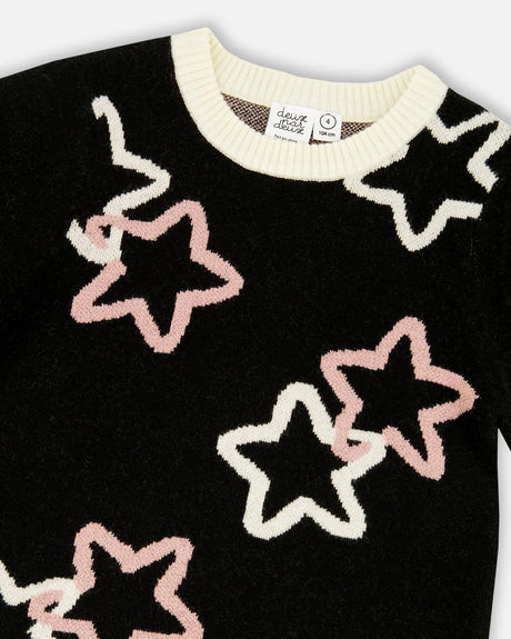 Long Sleeve Knit Dress Black With Stars | Deux par Deux | Jenni Kidz