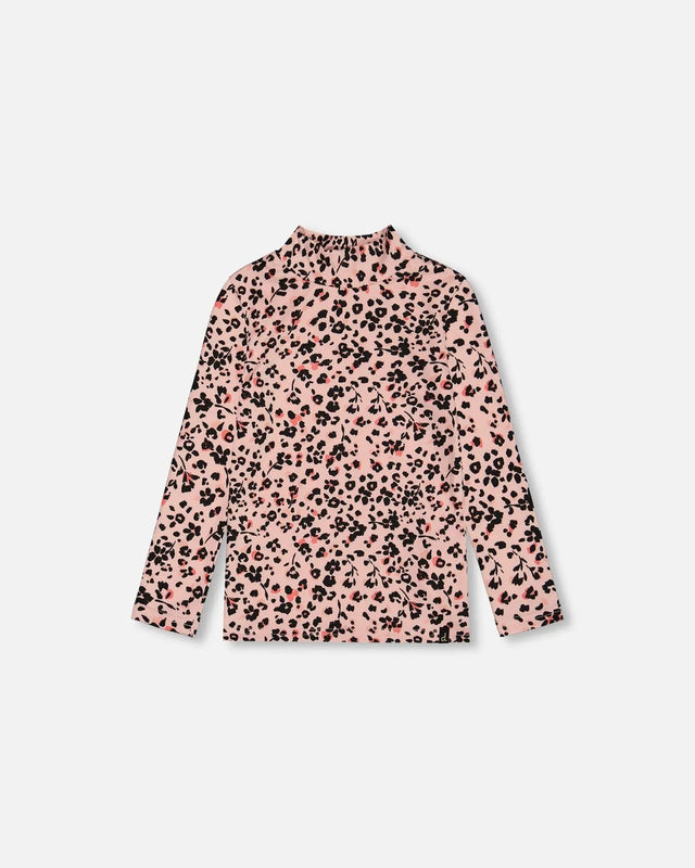 Long Sleeve Mock Neck Top Pink Printed Leopard Flowers | Deux par Deux | Jenni Kidz