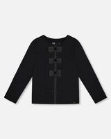 Long Sleeve Organic Cotton Jersey Bow Tee Black | Deux par Deux | Jenni Kidz