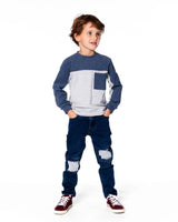 Long Sleeve Super Soft Brushed Jersey Top Color Block Light Heather Gray | Deux par Deux | Jenni Kidz