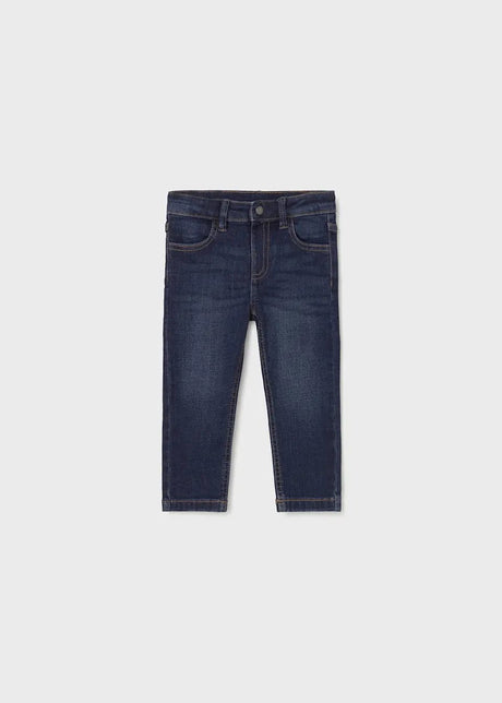Front view of Dark Denim slim baby boy jeans with adjustable waistband.