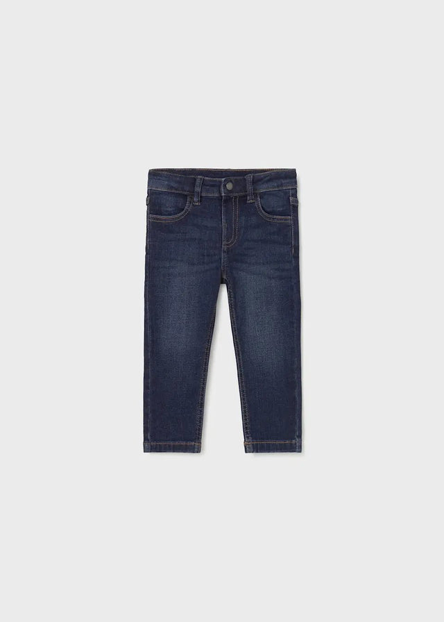 Front view of Dark Denim slim baby boy jeans with adjustable waistband.