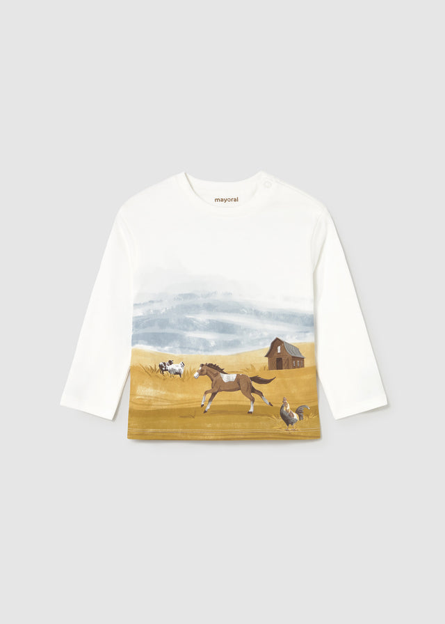 Front view of Ivory farm-print baby t-shirt with long sleeves.