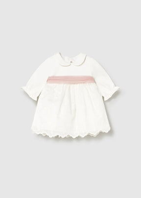 Mayoral baby girl dress ivory with pink sash, embroidered newborn dress