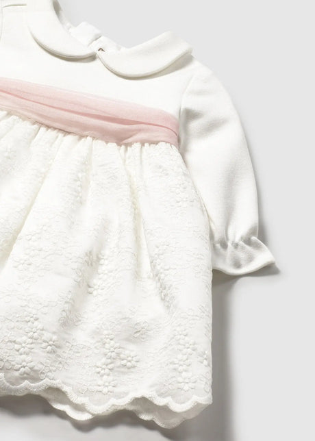 Close-up of embroidery and faux sash on newborn dress