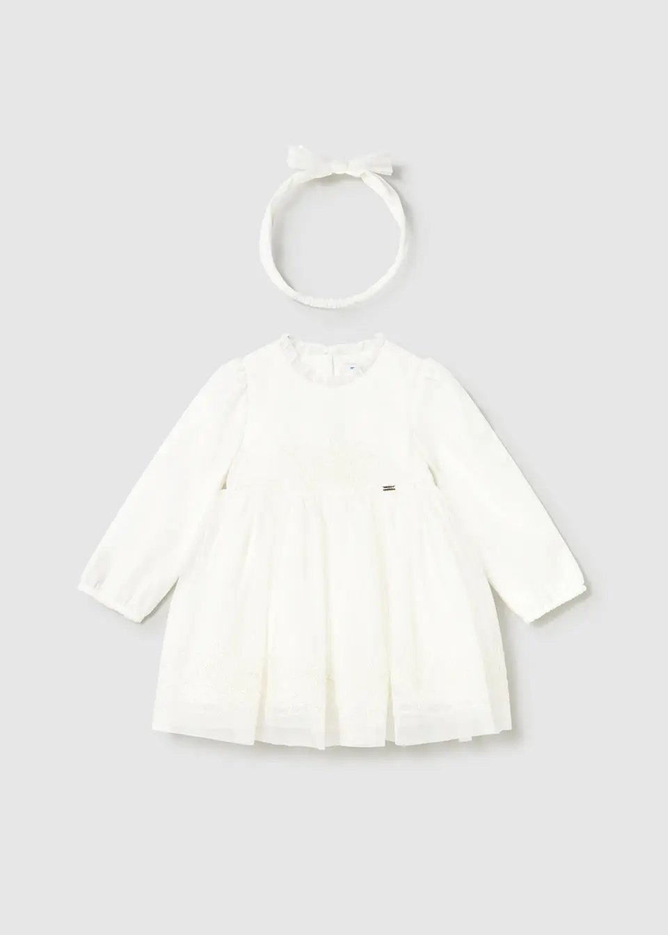 Front view of Mayoral ivory embroidered tulle baby dress with long sleeves and gathered skirt.