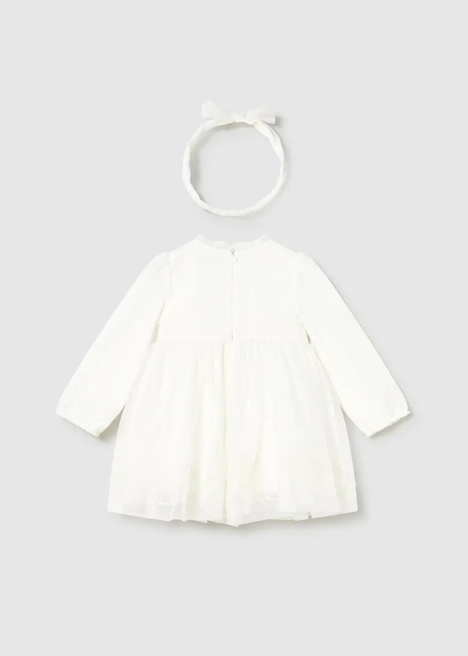 Baby long-sleeve tulle dress in Ivory/White, fully lined with back zip, occasionwear.
