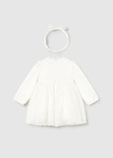 Baby long-sleeve tulle dress in Ivory/White, fully lined with back zip, occasionwear.