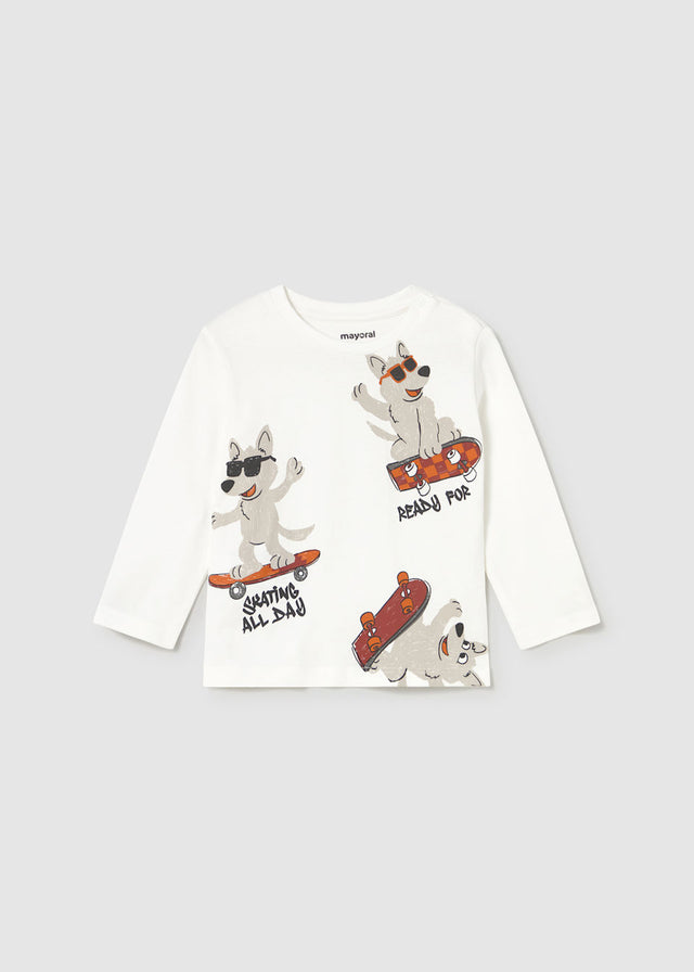 Front view of Mayoral baby long-sleeve baby t-shirt in Ivory with animal print.