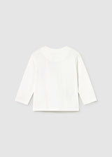 Back view flat lay of Ivory long-sleeve T-shirt, round neckline and smooth finish.