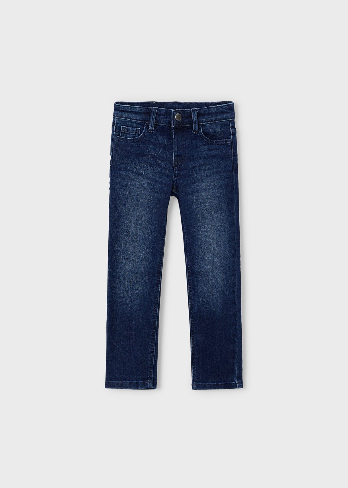 Front flat lay of Mayoral boys dark-wash boys jeans with slim leg.