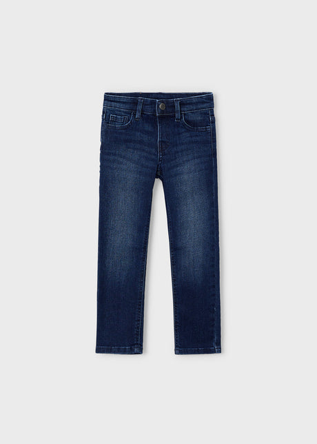 Front flat lay of Mayoral boys dark-wash boys jeans with slim leg.