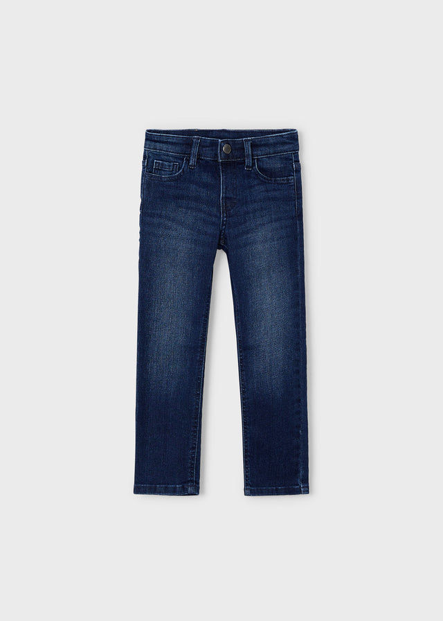 Front flat lay of Mayoral boys dark-wash boys jeans with slim leg.