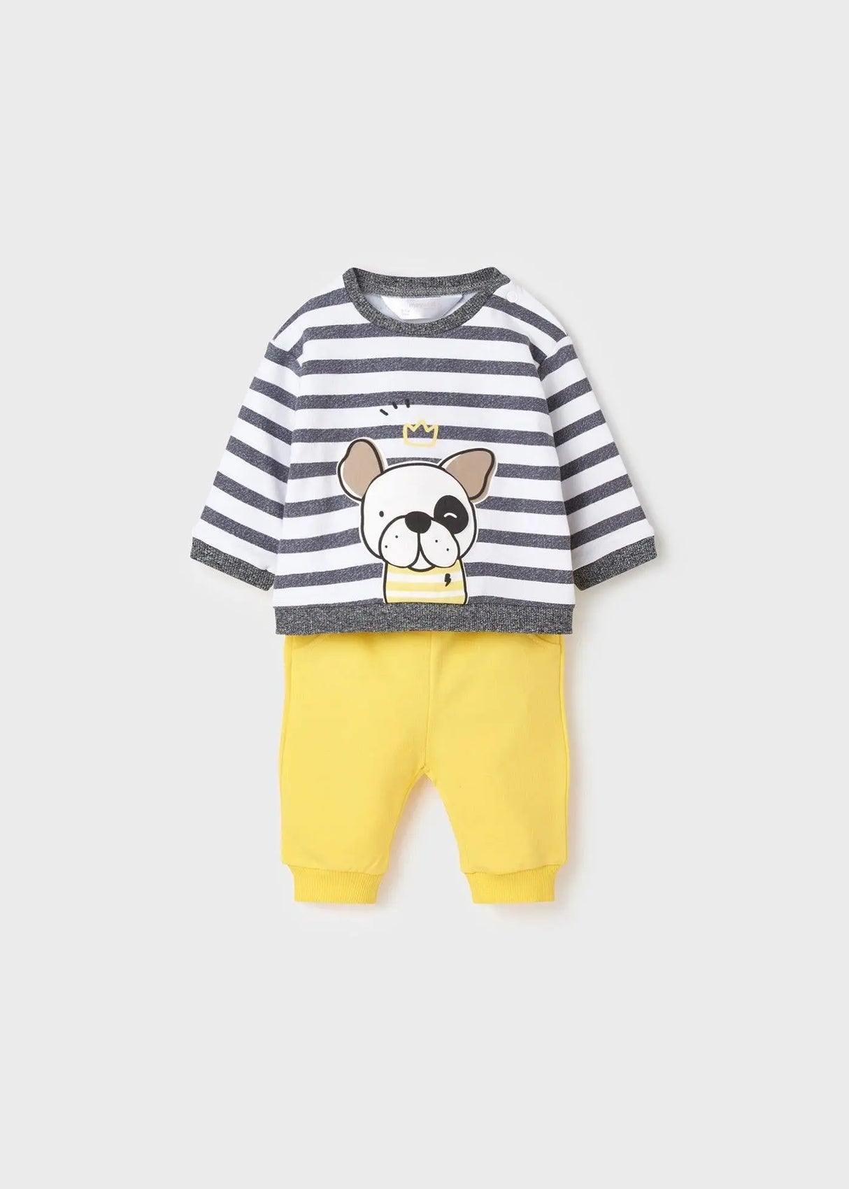 Full view: striped tee with yellow joggers (mix-and-match set).