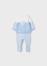 Front flat lay of Mayoral newborn boy baby outfit set in Blue/Ivory stripes (jumper + leggings).