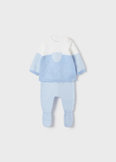 Front flat lay of Mayoral newborn boy baby outfit set in Blue/Ivory stripes (jumper + leggings).