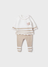 Flat lay of Mayoral newborn boy baby outfit set in Ivory/Beige stripes (jumper + leggings).