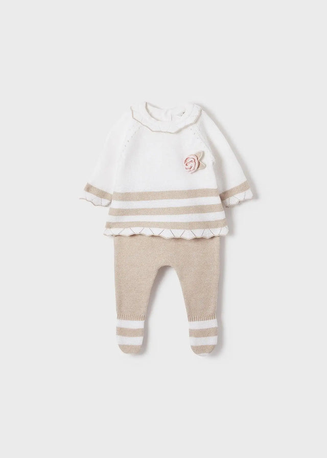 Flat lay of Mayoral newborn boy baby outfit set in Ivory/Beige stripes (jumper + leggings).