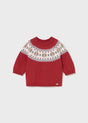 Front view of Mayoral newborn Red/Ivory Fair Isle baby sweater with raglan sleeves.