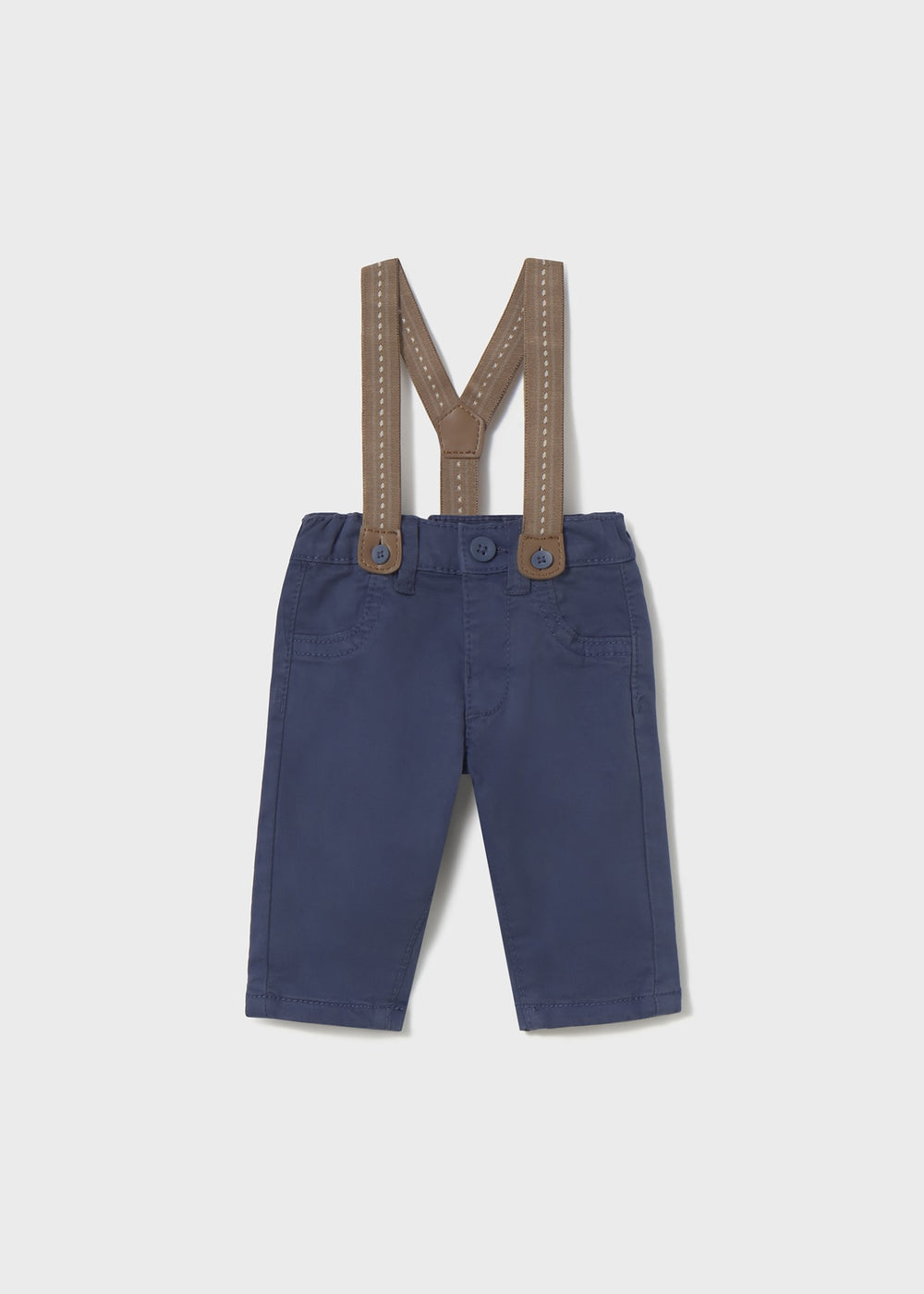 Front flat lay of newborn navy baby pants with Tan detachable suspenders.