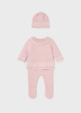 Front flat lay of Mayoral newborn girl baby outfit set in Pink/Blush (sweater, pants, hat).