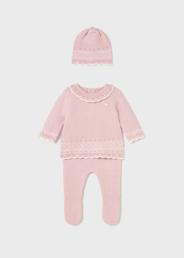 Front flat lay of Mayoral newborn girl baby outfit set in Pink/Blush (sweater, pants, hat).