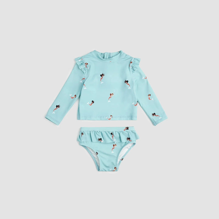 Mermaid Print On Aqua Long-Sleeve Rashguard Swim Set | Miles The Label