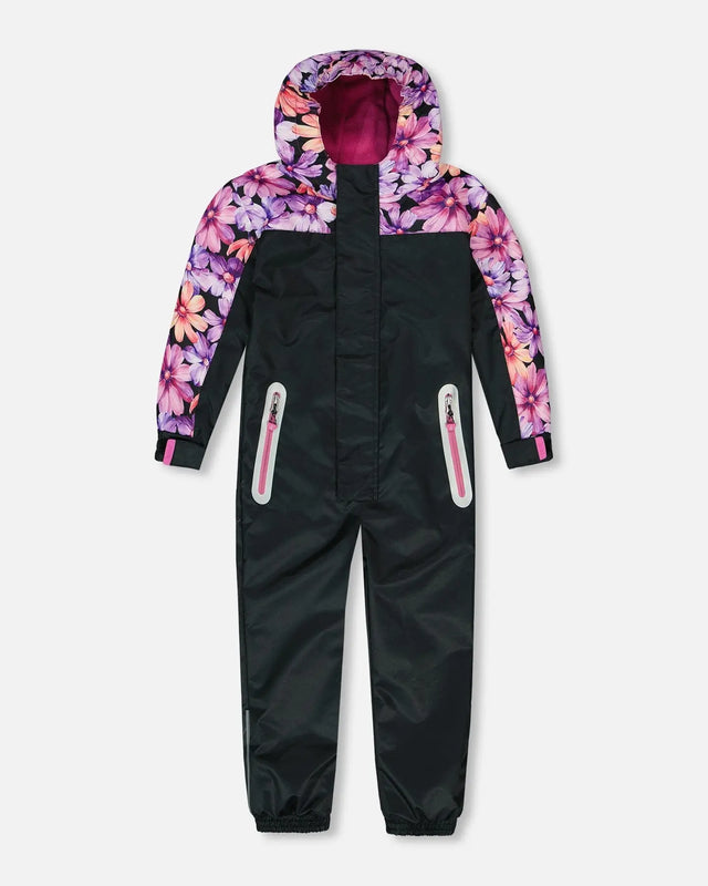 Mid-Season One-Piece Outerwear Black With Pink And Orange Flowers | Deux par Deux | Jenni Kidz