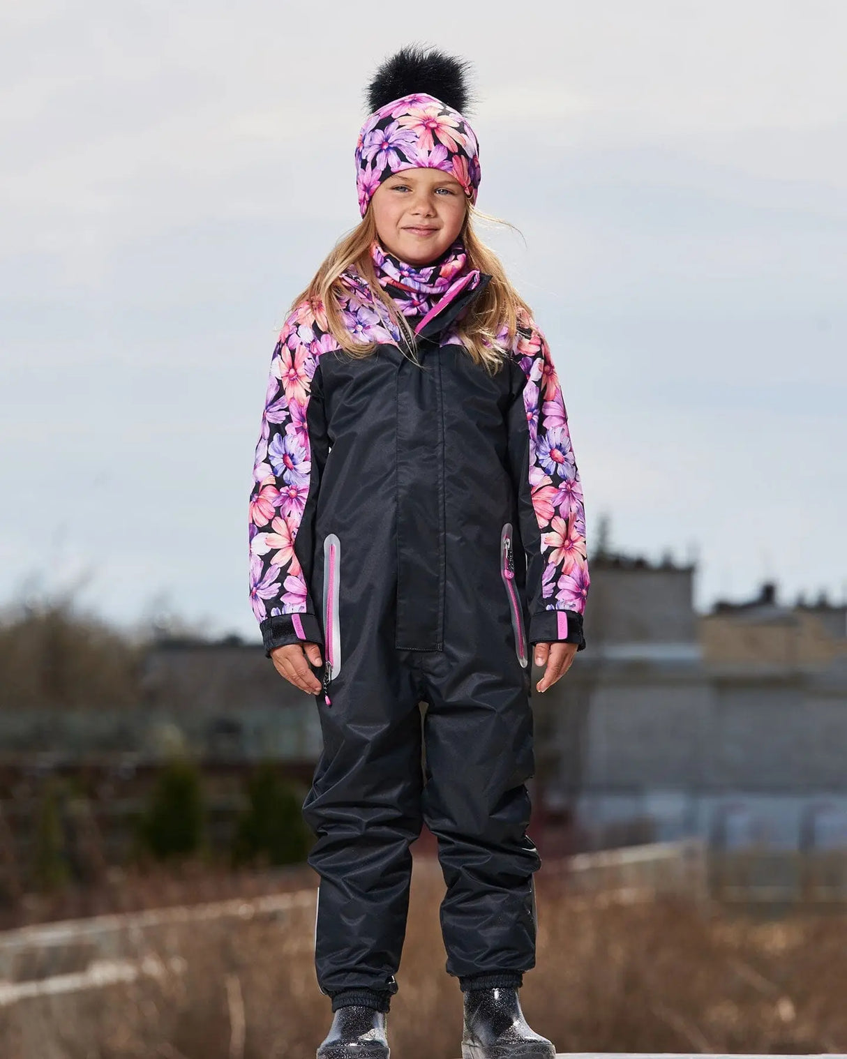 Mid-Season One-Piece Outerwear Black With Pink And Orange Flowers | Deux par Deux | Jenni Kidz