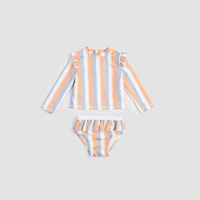 Miles The Label baby girls and girls pastel multistripe rashguard swim set with UPF 50+ and frilly trim.