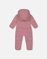 Back view of Deux Par Deux one-piece baby snowsuit dusty pink