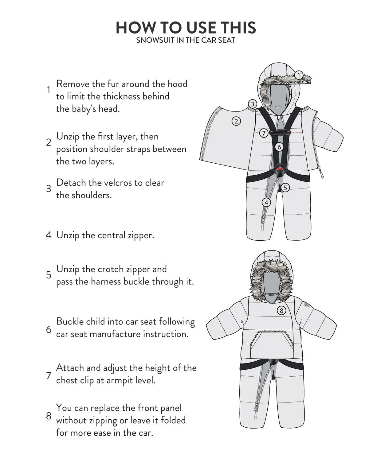 One Piece Baby Hooded Snowsuit Black Designed For Car Seat | Deux par Deux | Jenni Kidz
