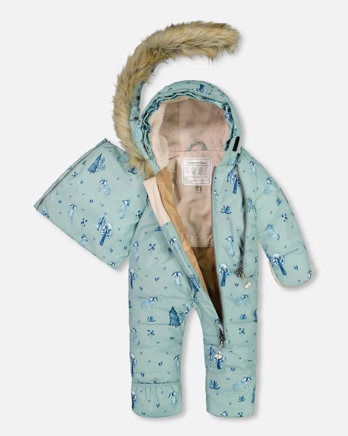 One Piece Baby Hooded Snowsuit Sage Printed Racoons Designed For Car Seat | Deux par Deux | Jenni Kidz