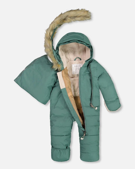 One Piece Baby Hooded Snowsuit Silver Pine Designed For Car Seat | Deux par Deux | Jenni Kidz