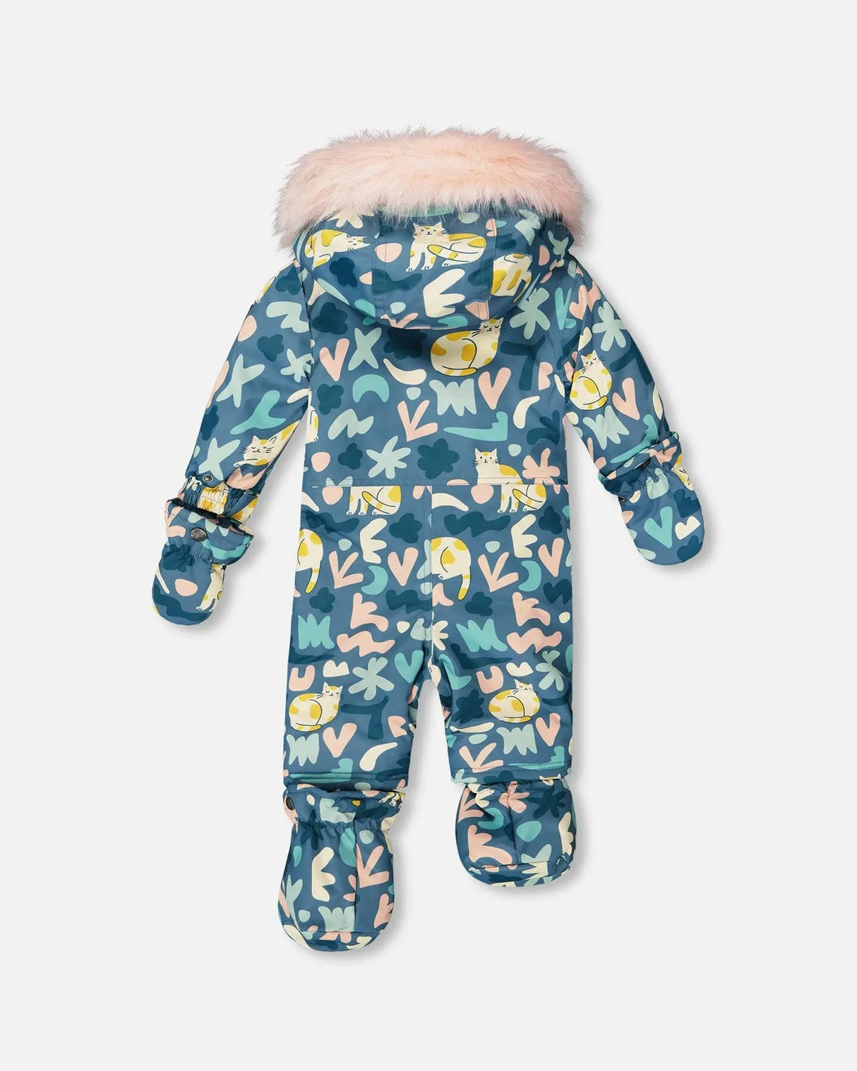 Baby girl snowsuit inside view showing pink fleece lining, easy returns, fast delivery US & Canada