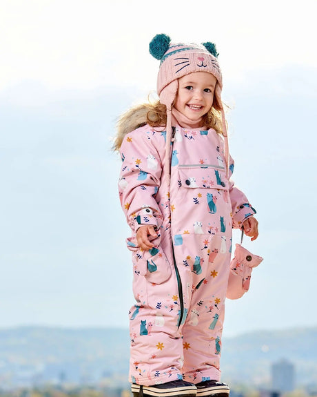 One Piece Baby Snowsuit Light Pink Printed Cats Designed For Car Seat | Deux par Deux | Jenni Kidz