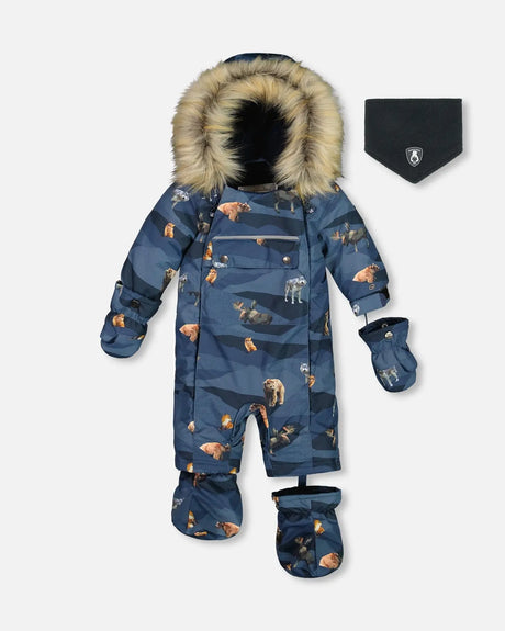 One Piece Baby Snowsuit Navy Printed Mountains Animals Designed For Car Seat | Deux par Deux | Jenni Kidz