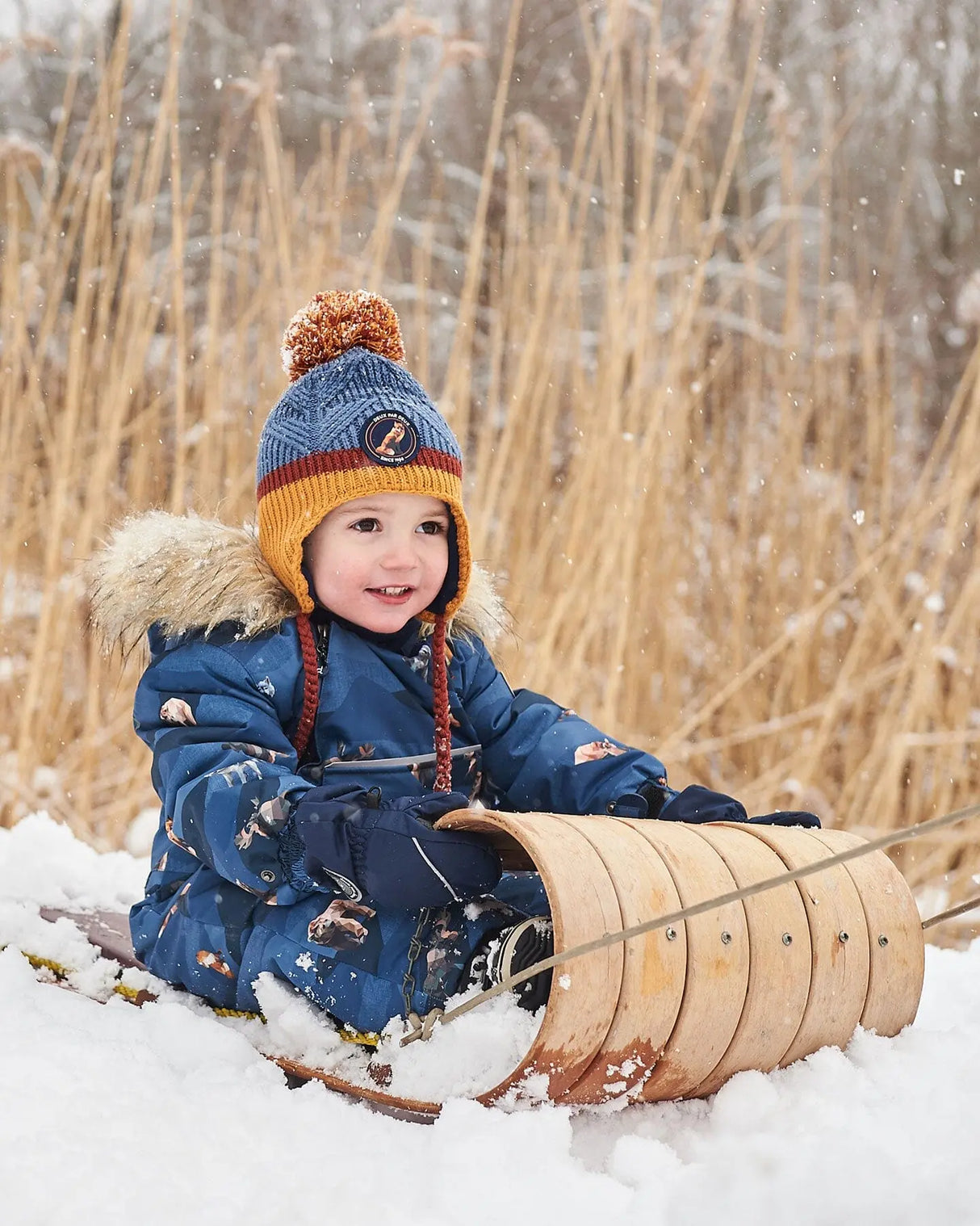 One Piece Baby Snowsuit Navy Printed Mountains Animals Designed For Car Seat | Deux par Deux | Jenni Kidz