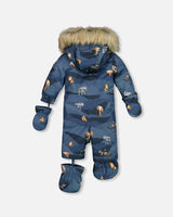 One Piece Baby Snowsuit Navy Printed Mountains Animals Designed For Car Seat | Deux par Deux | Jenni Kidz