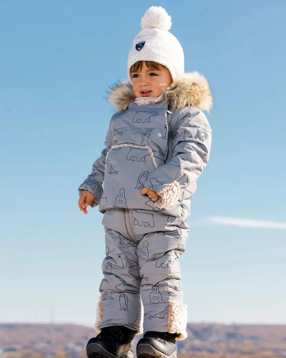 One Piece Baby Snowsuit With Grey Arctic Friends Printed | Deux par Deux | Jenni Kidz