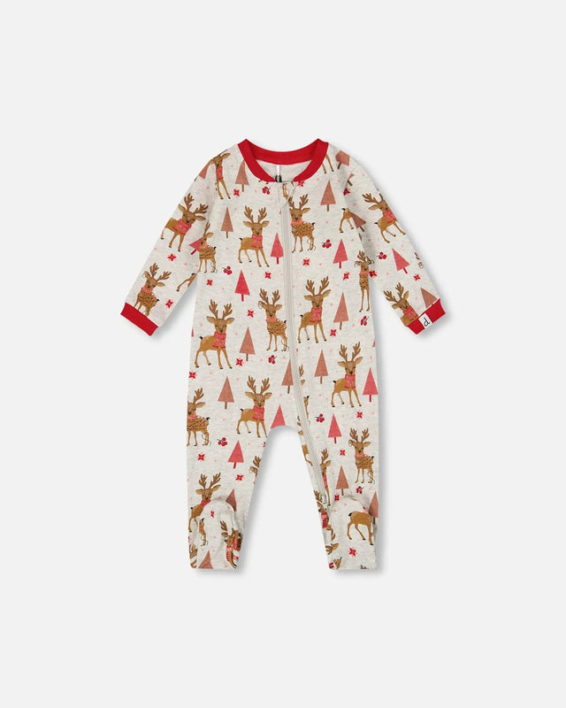 One-Piece Organic Cotton Pajama Beige Girly Reindeer Print | Deux par Deux | Jenni Kidz