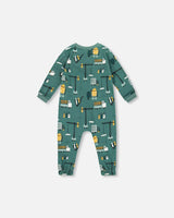 One-Piece Organic Cotton Pajama Teal Construction Print | Deux par Deux | Jenni Kidz