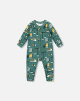 One-Piece Organic Cotton Pajama Teal Construction Print | Deux par Deux | Jenni Kidz