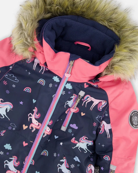 One-Piece Play Snowsuit Navy Unicorn Print | Deux par Deux | Jenni Kidz