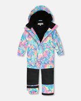 Flat lay — Rainbow Heart one-piece snowsuit, ships fast — buy now.