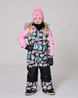 Front view of one-piece snowsuit with detachable hood and fleece lining.
