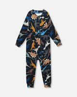 One-Piece Thermal Underwear Black Dinosaur Print | Deux par Deux | Jenni Kidz