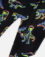 One Piece Thermal Underwear Black Printed Neon Dino | Deux par Deux | Jenni Kidz