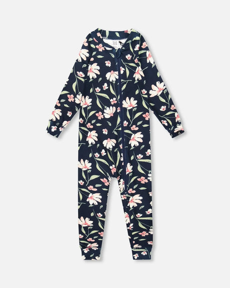 One-Piece Thermal Underwear Navy Flower Print | Deux par Deux | Jenni Kidz