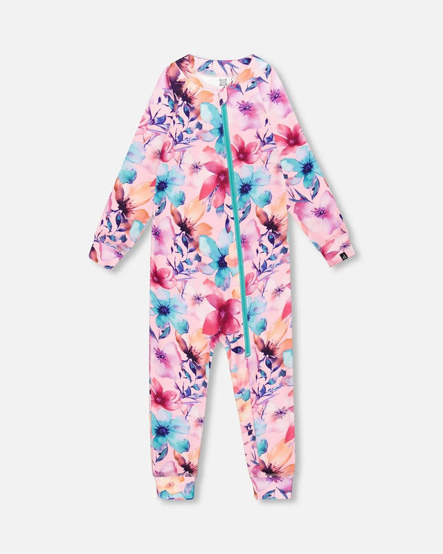 One-Piece Thermal Underwear Pink Watercolor Flower Print | Deux par Deux | Jenni Kidz